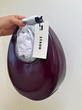 NWT Staud Mini Moon Purse in Syrah Burgundy Leather, Crossbody Bag , brand NEW